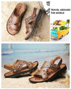 LAORENTOU leather male sandals casual beach shoes wear non-slip sandals and sliers cowhide
