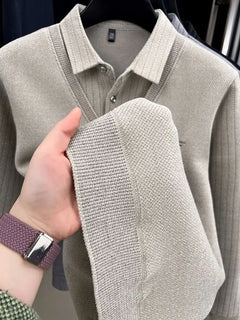 Mens Sweater Polo Collar Label Patchwork Stripes Plush Wool Liner Knitted Thickened Sweater Brand Luxury Print Thermo Menswear