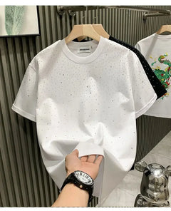 Summer Rhinestone Rivet T-shirt for Men Clothing Round Neck Casual T-shirt Fashion High Street 2024 Men's Summer Short Sleeves