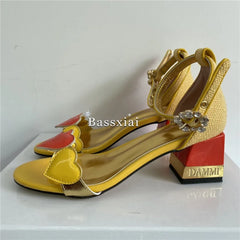 Sweet Love-heart One-Strap Sandals Women Letter Square Heel Open Toe Crystal Buckle Banquet Shoes For Girls Summer