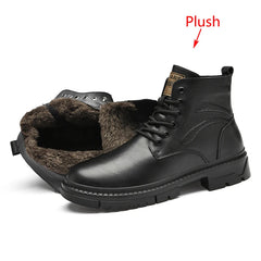 Men's Black Leather Boots Side Zipper Lace-Up Ankle Boots Non-Slip Platform Combat Boots for Casual Work Outdoor Big Size 49 50