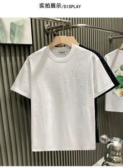 Summer Rhinestone Rivet T-shirt for Men Clothing Round Neck Casual T-shirt Fashion High Street 2024 Men's Summer Short Sleeves