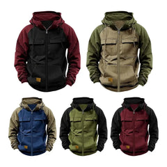 2024 Retro Cargo Hoodies Men's Half Zipper Solid Warm Fleece Sweatshirts Multi Pockets Male Hooded Jackets Thick Outdoor Hooded