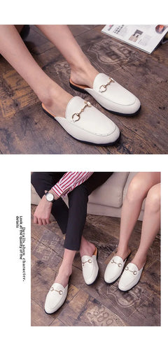 New Casual Men's Shoes Large Size 45 Fashionable British Style Slip-On Lazy Half Slippers Breathable PU Leather Comfortable