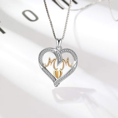 S925 Sterling Silver Heart MOM Pendant Necklace for Women